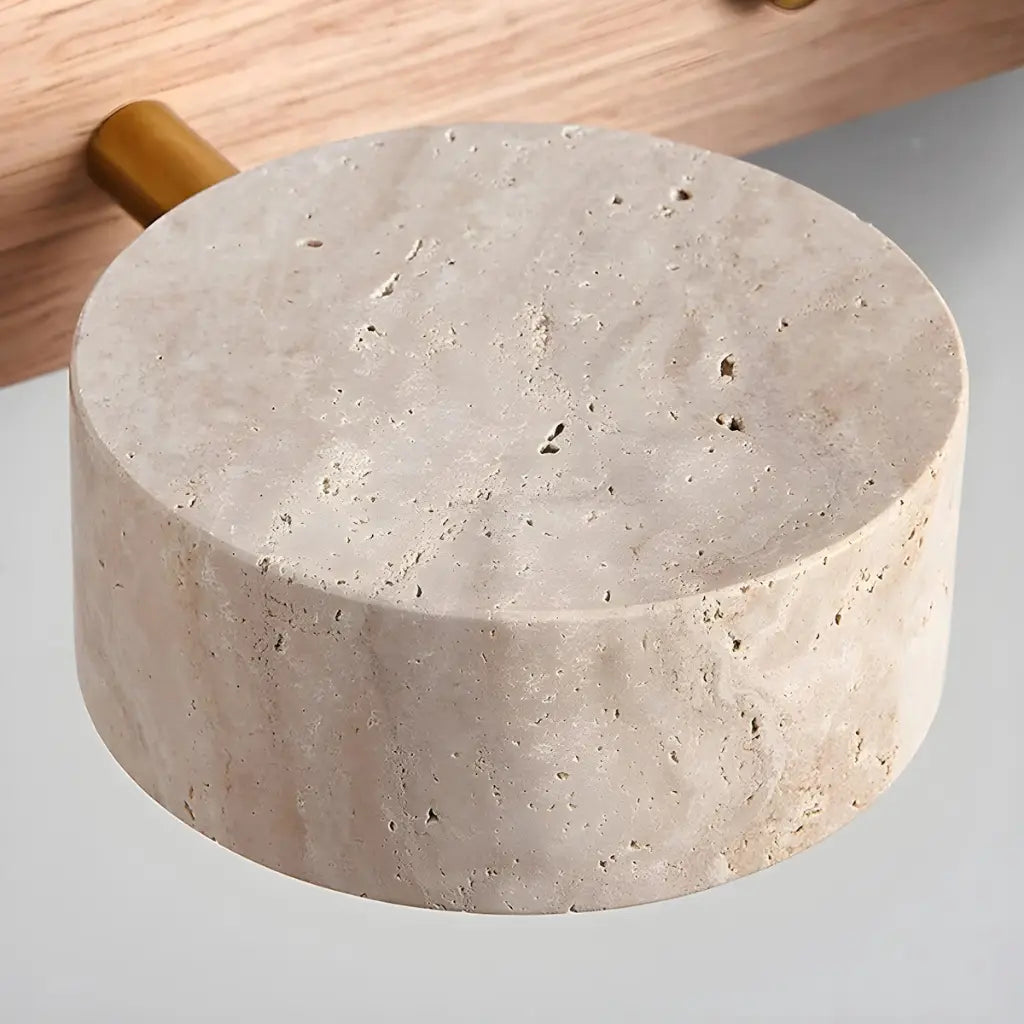 Lampade LED per specchio da bagno con faretti orientabili in travertino e piastra posteriore in legno naturale