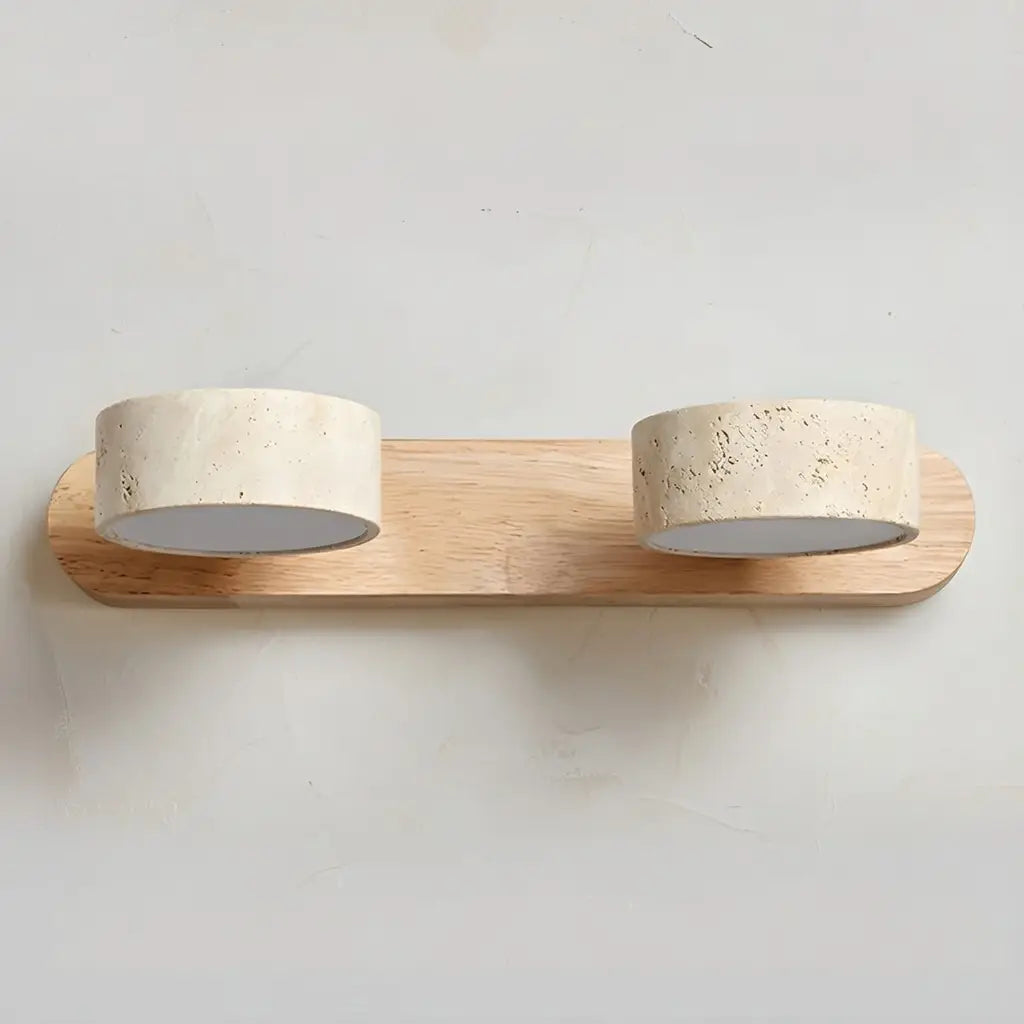 Lampade LED per specchio da bagno con faretti orientabili in travertino e piastra posteriore in legno naturale