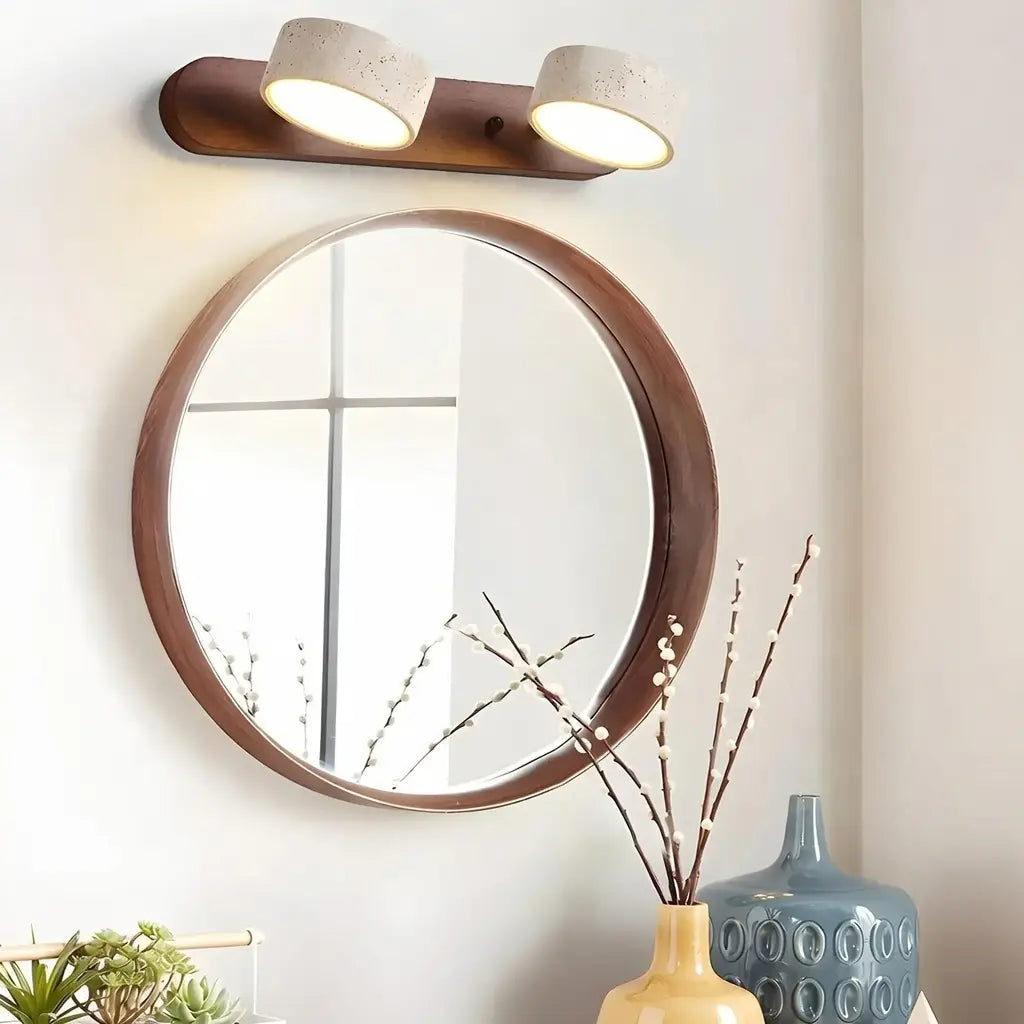 Lampade LED per specchio da bagno con faretti orientabili in travertino e piastra posteriore in legno naturale