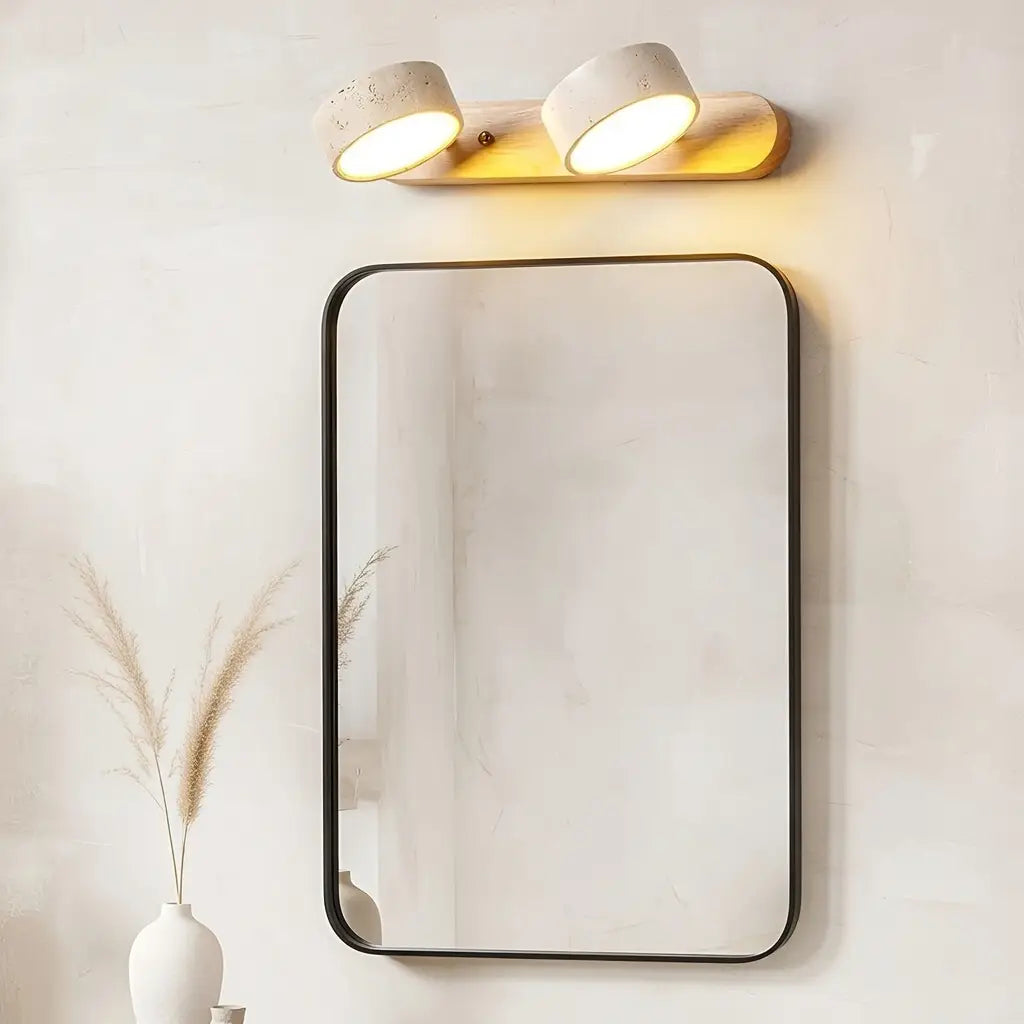 Lampade LED per specchio da bagno con faretti orientabili in travertino e piastra posteriore in legno naturale