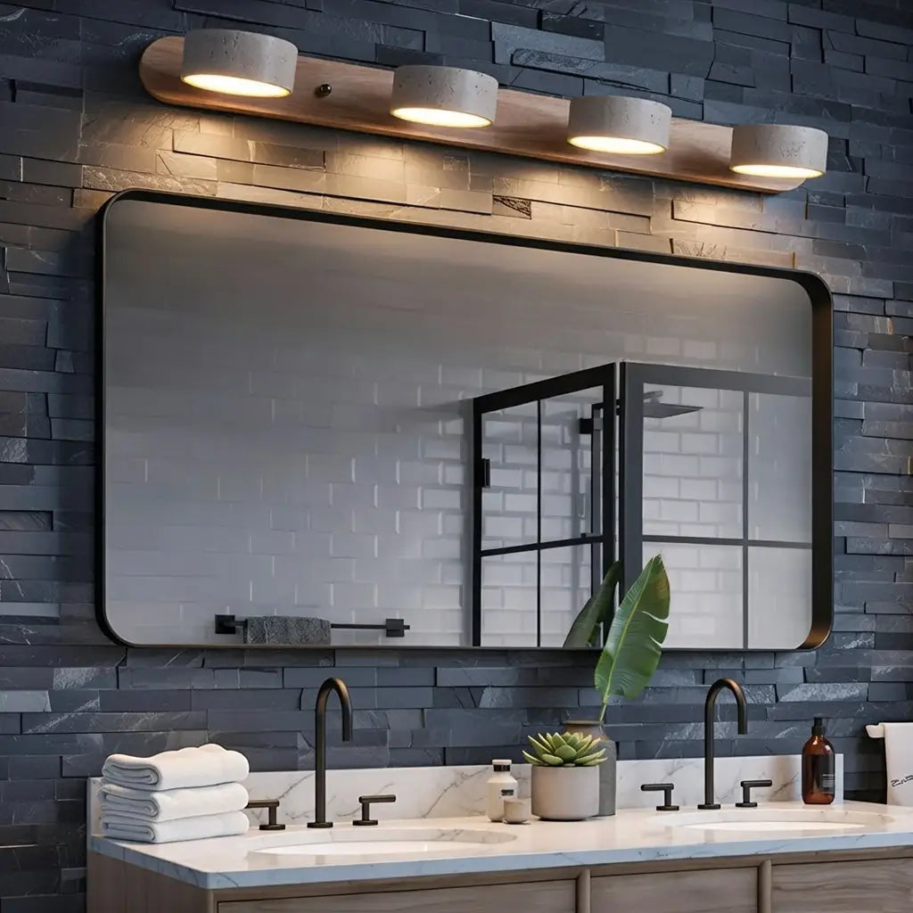 Lampade LED per specchio da bagno con faretti orientabili in travertino e piastra posteriore in legno naturale