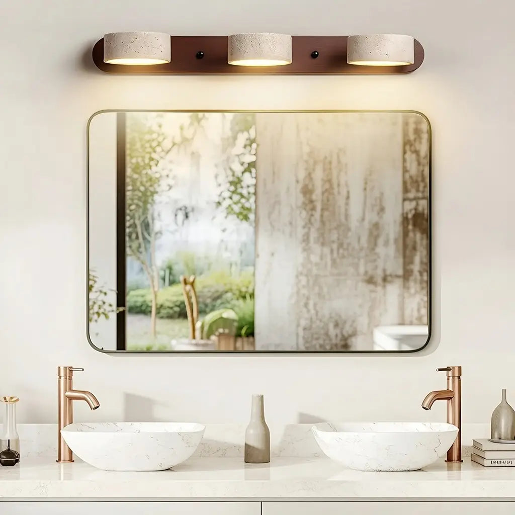 Lampade LED per specchio da bagno con faretti orientabili in travertino e piastra posteriore in legno naturale