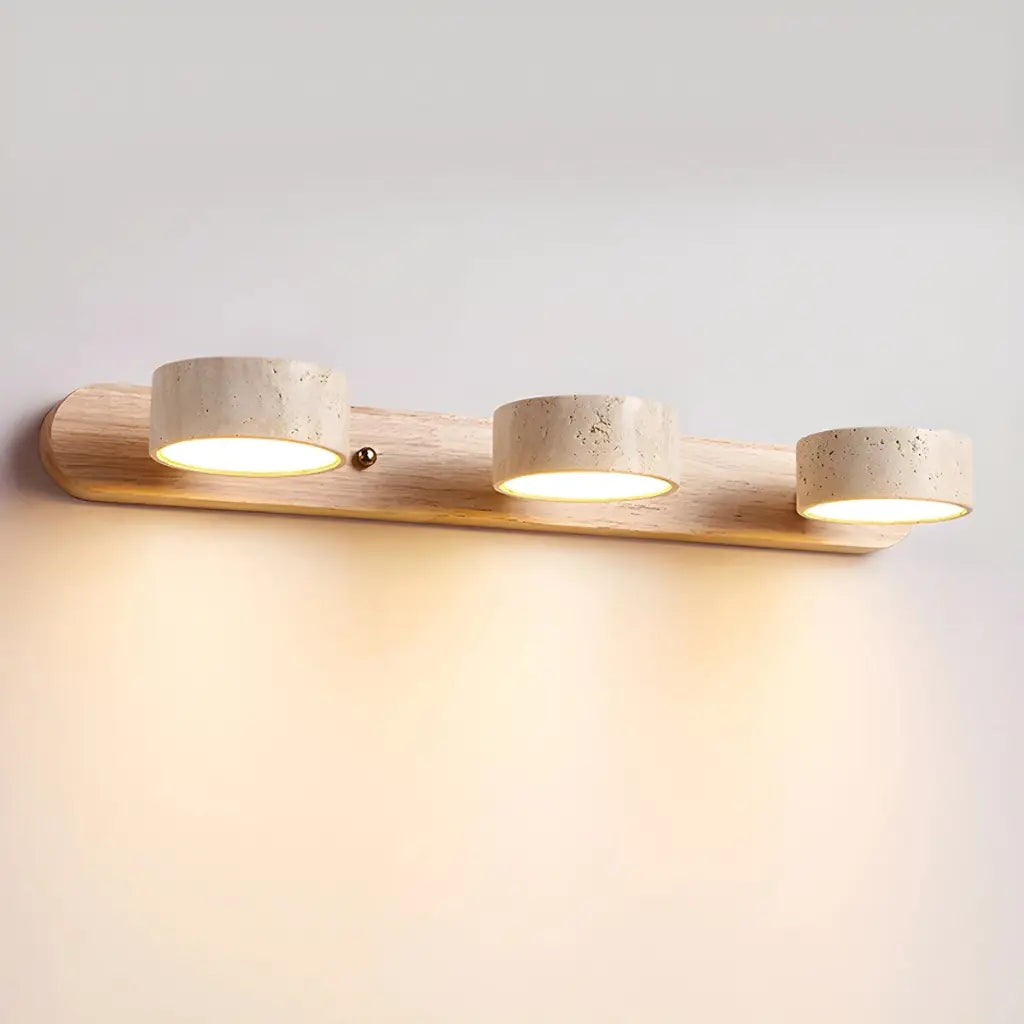 Lampade LED per specchio da bagno con faretti orientabili in travertino e piastra posteriore in legno naturale
