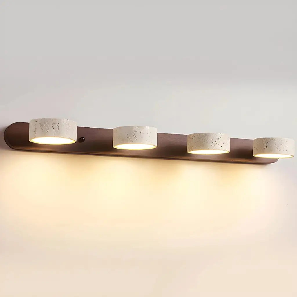 Appliques LED de salle de bains pour miroir avec spots orientables en travertin et plaque arrière en bois naturel