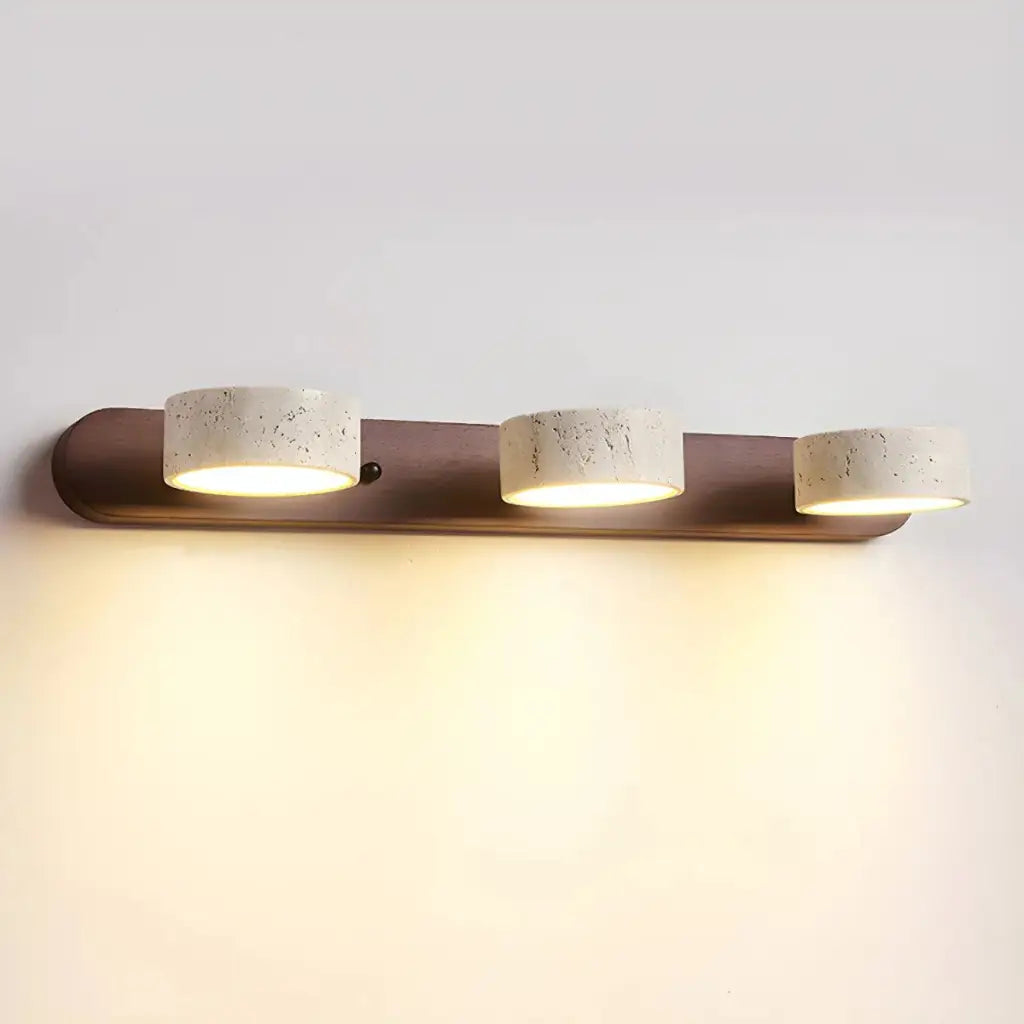 Appliques LED de salle de bains pour miroir avec spots orientables en travertin et plaque arrière en bois naturel