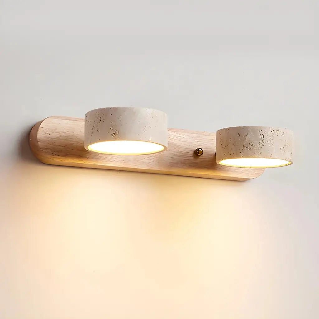 Lampade LED per specchio da bagno con faretti orientabili in travertino e piastra posteriore in legno naturale