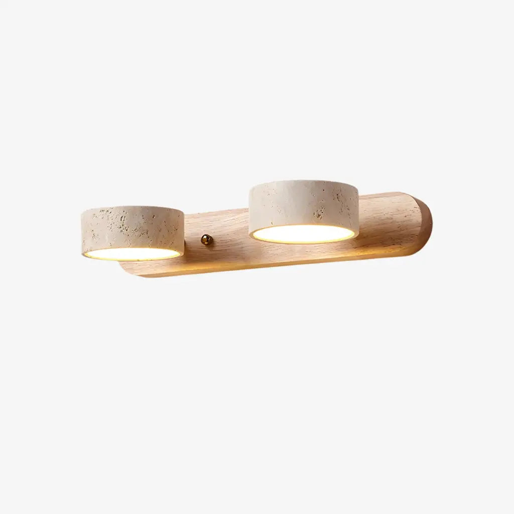 Lampade LED per specchio da bagno con faretti orientabili in travertino e piastra posteriore in legno naturale