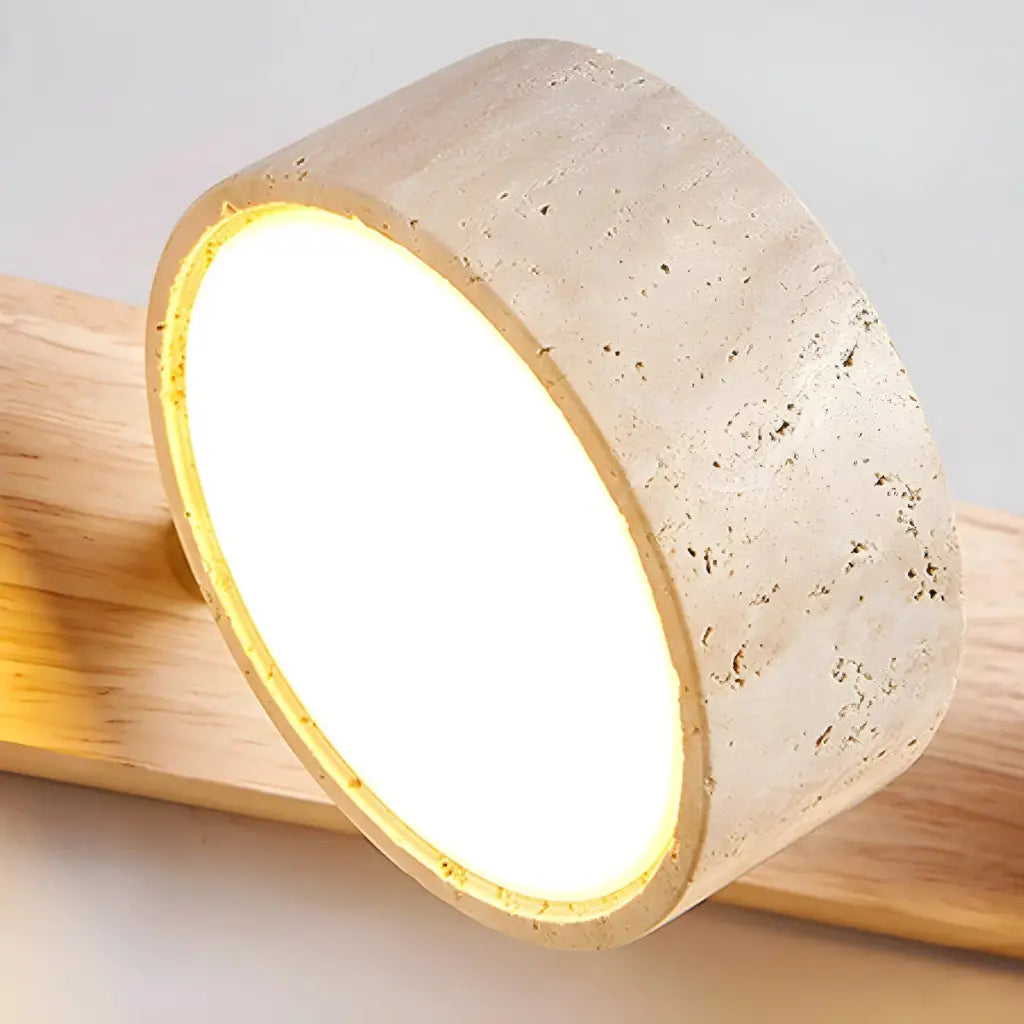 Lampade LED per specchio da bagno con faretti orientabili in travertino e piastra posteriore in legno naturale