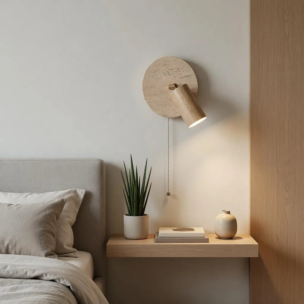 Applique orientabile in travertino con dettaglio in legno e design moderno