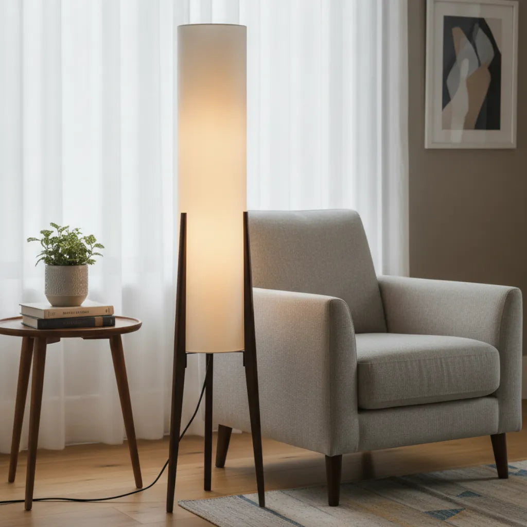 Living Room Floor Lamp with Modern Tripod Wood Base and Fabric Shade