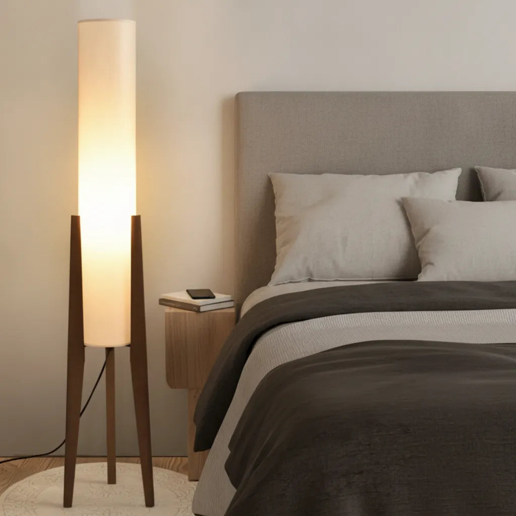 Living Room Floor Lamp with Modern Tripod Wood Base and Fabric Shade