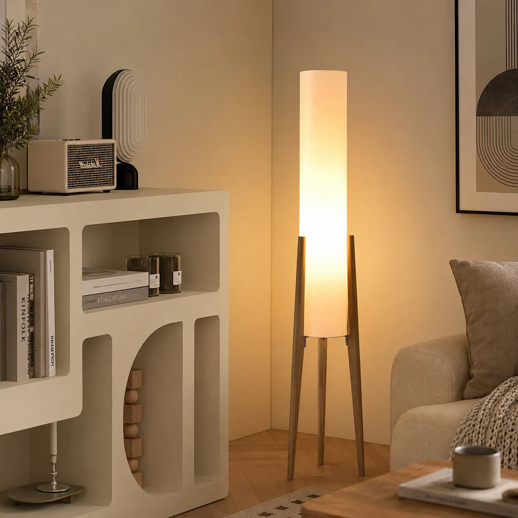 Living Room Floor Lamp with Modern Tripod Wood Base and Fabric Shade
