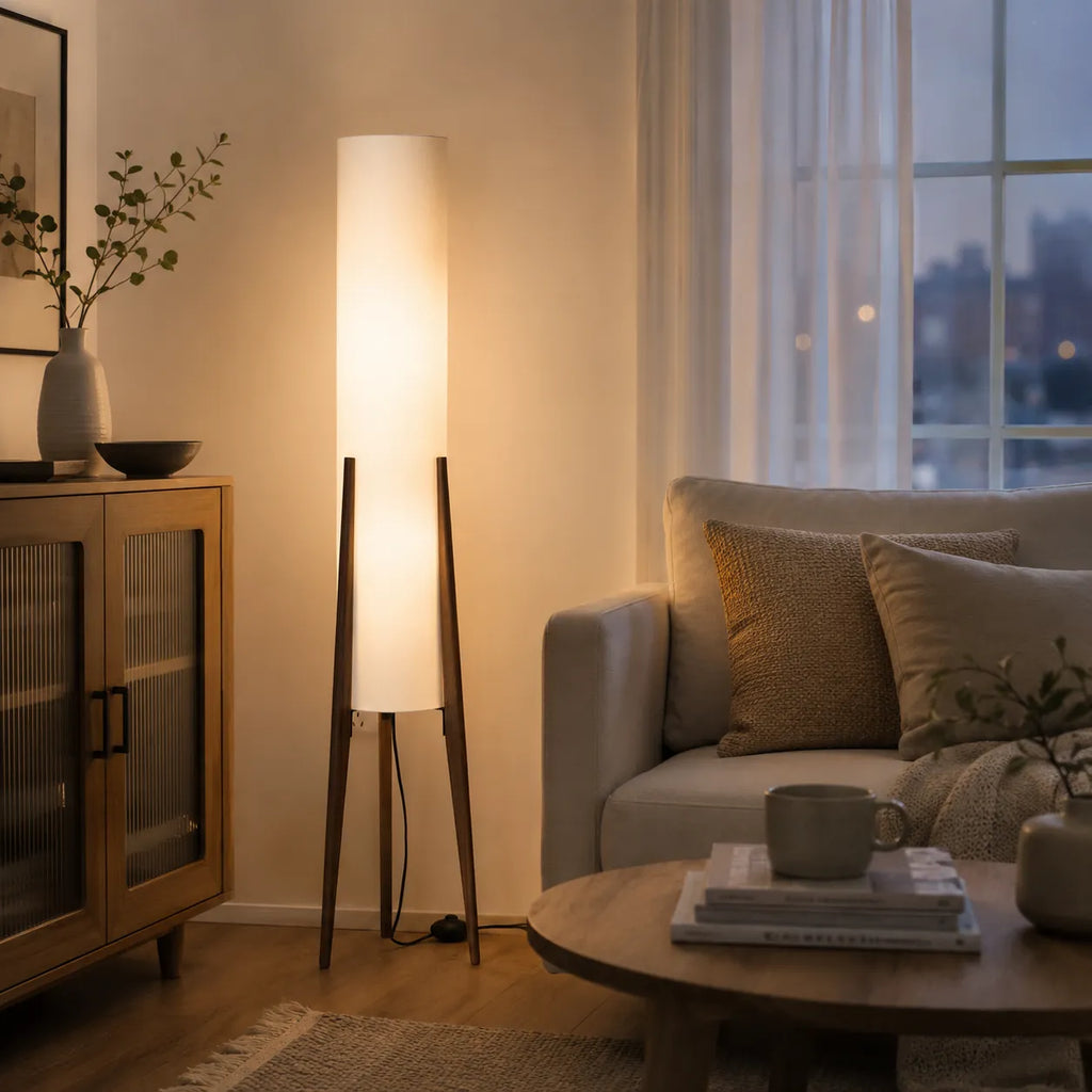 Living Room Floor Lamp with Modern Tripod Wood Base and Fabric Shade