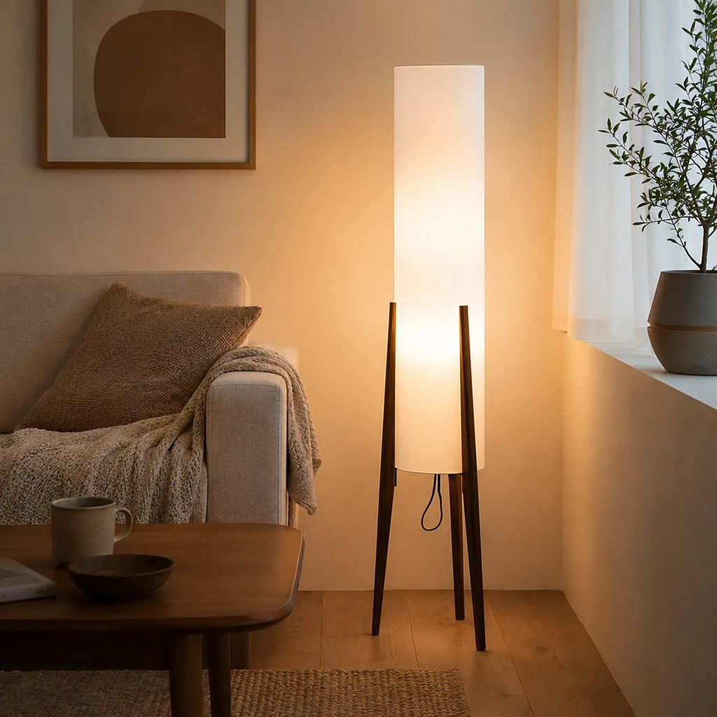 Living Room Floor Lamp with Modern Tripod Wood Base and Fabric Shade