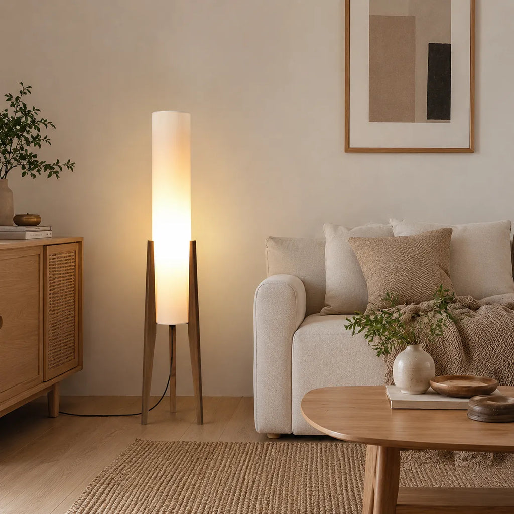 Living Room Floor Lamp with Modern Tripod Wood Base and Fabric Shade