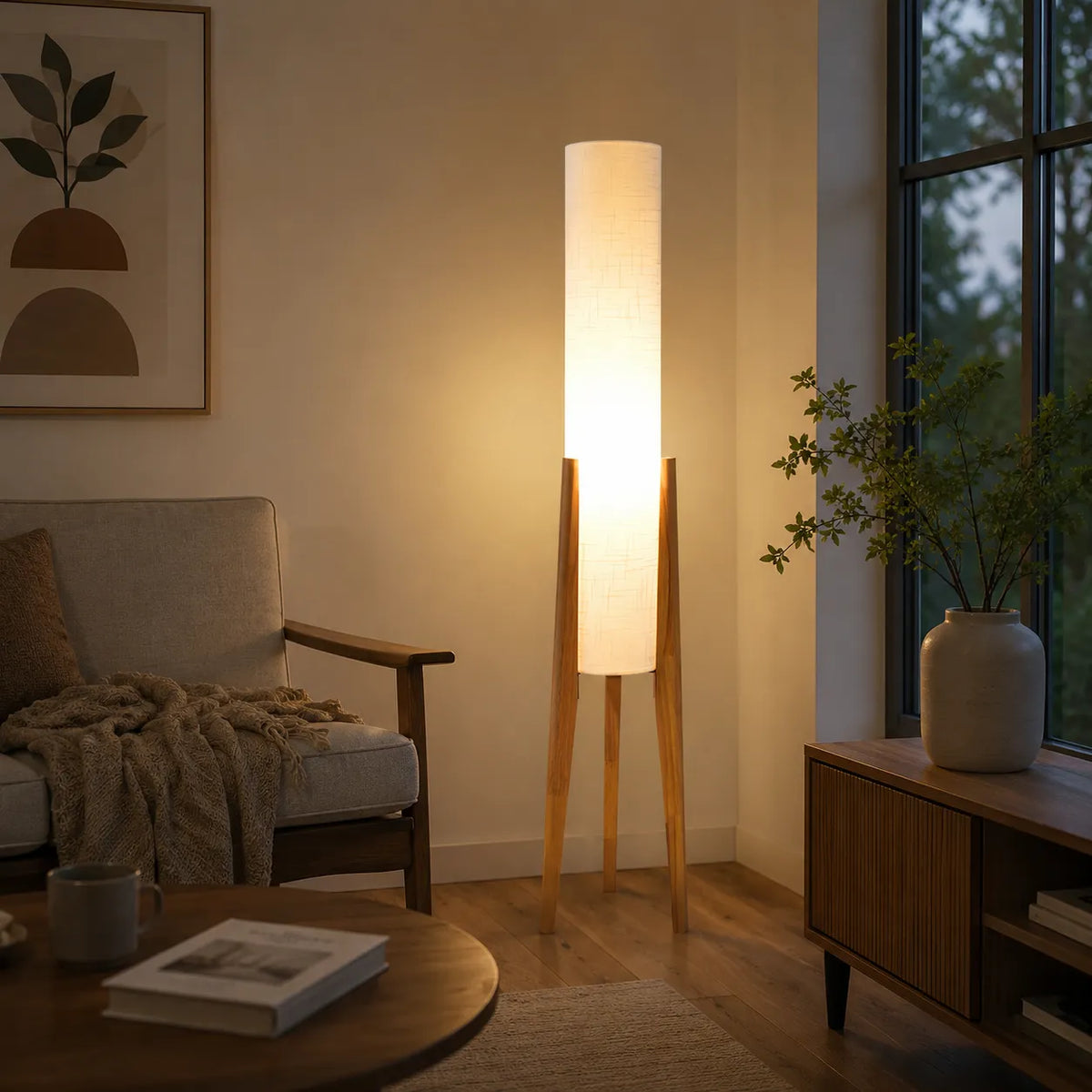 Living Room Floor Lamp with Modern Tripod Wood Base and Fabric Shade