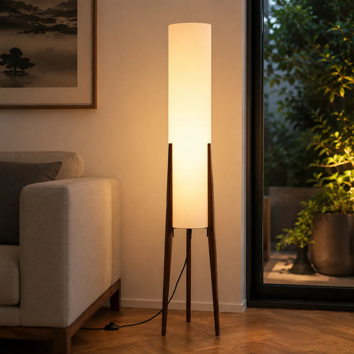 Living Room Floor Lamp with Modern Tripod Wood Base and Fabric Shade