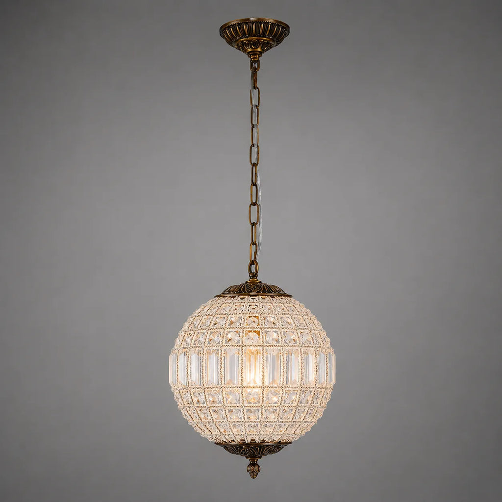 Lustre globe en cristal avec monture vintage à facettes en laiton et prismes transparents