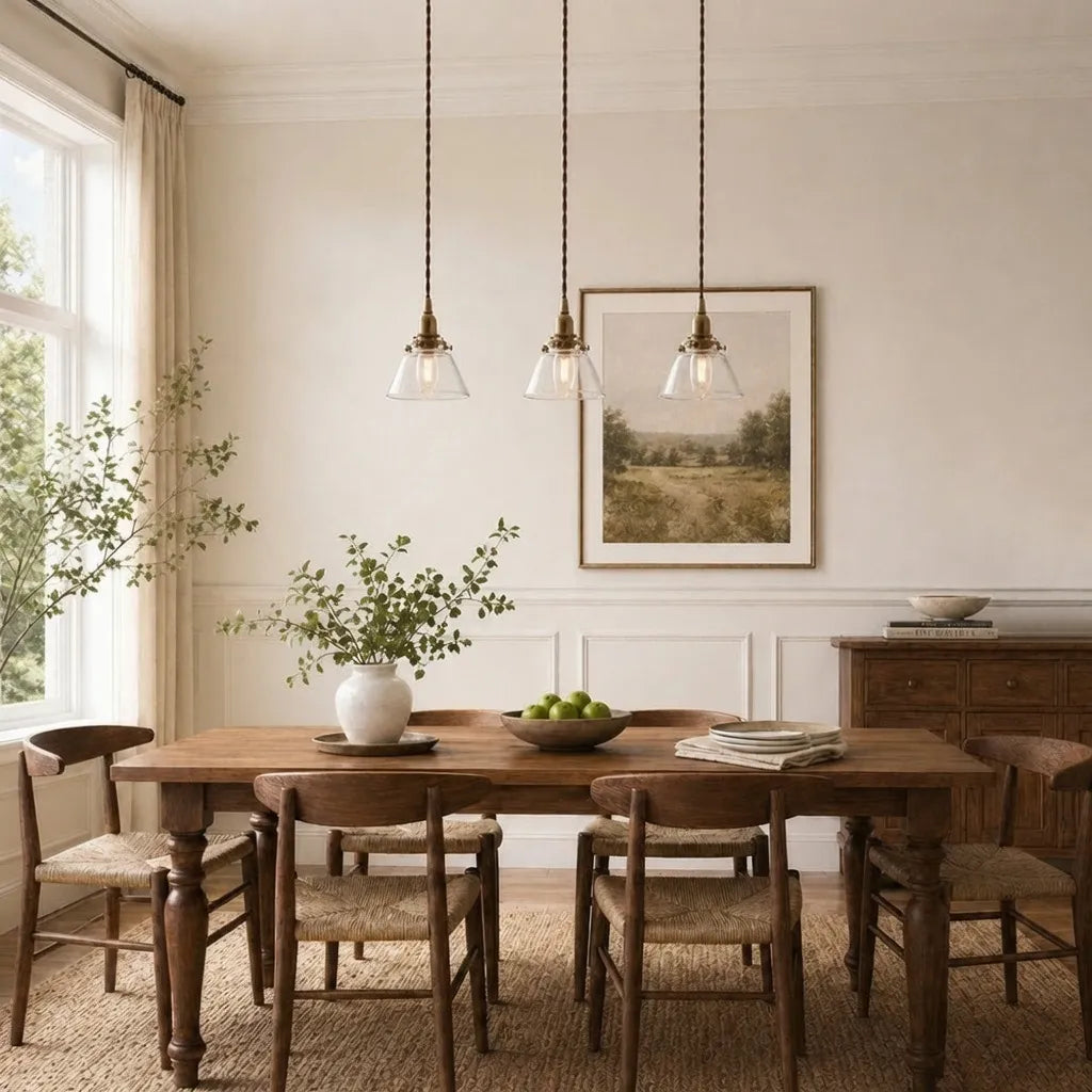 Pendelleuchte mit Vintage-Kegelschirm und geriffelter Glasstruktur