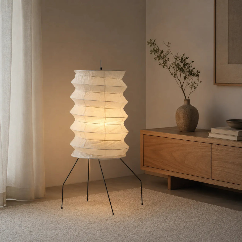 Floor Lamp with Hand-Knitted Rice Paper Shade and Wood Iron Frame