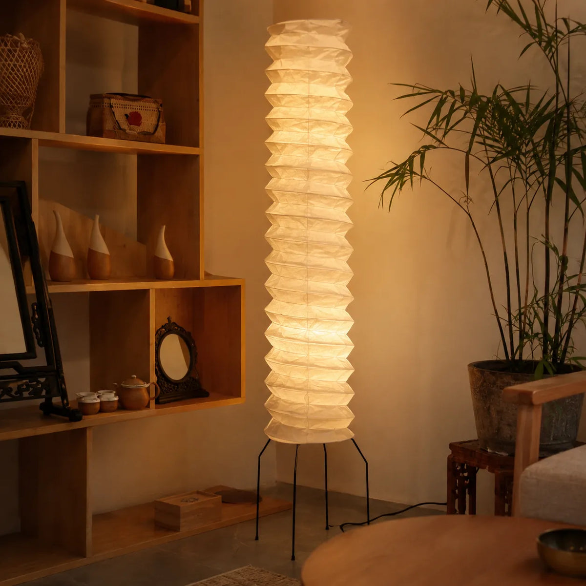 Floor Lamp with Hand-Knitted Rice Paper Shade and Wood Iron Frame