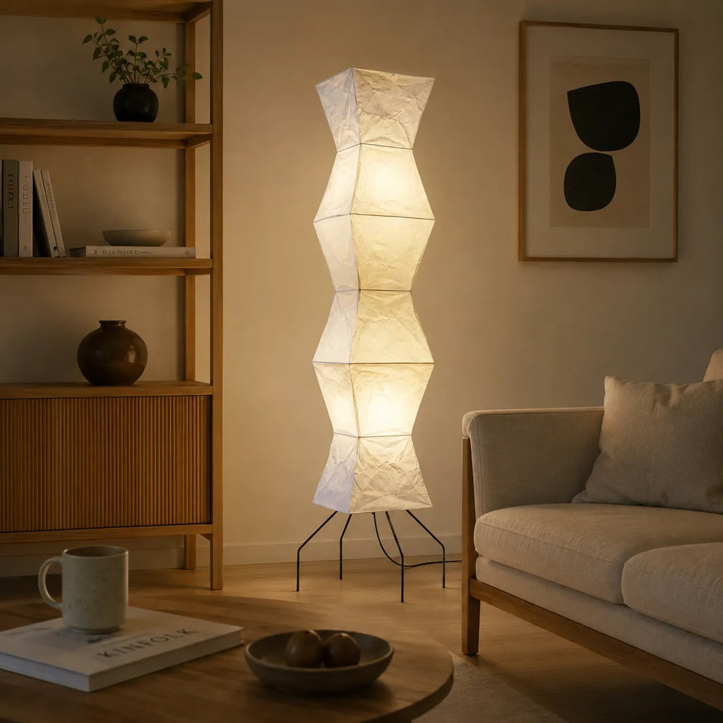 Floor Lamp with Hand-Knitted Rice Paper Shade and Wood Iron Frame