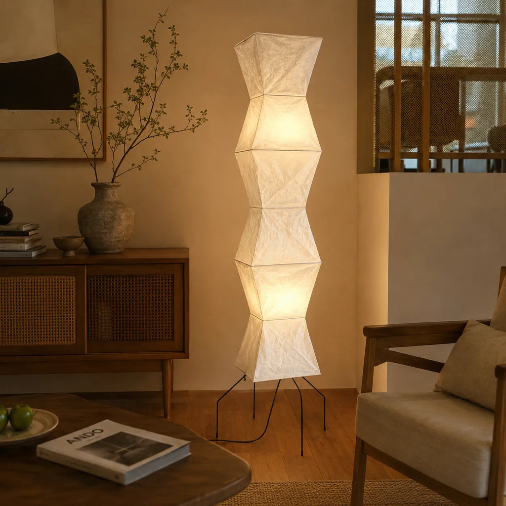 Floor Lamp with Hand-Knitted Rice Paper Shade and Wood Iron Frame