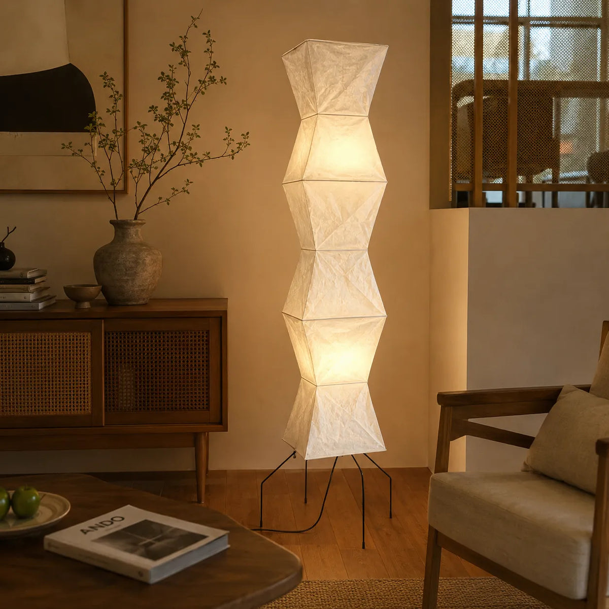 Floor Lamp with Hand-Knitted Rice Paper Shade and Wood Iron Frame