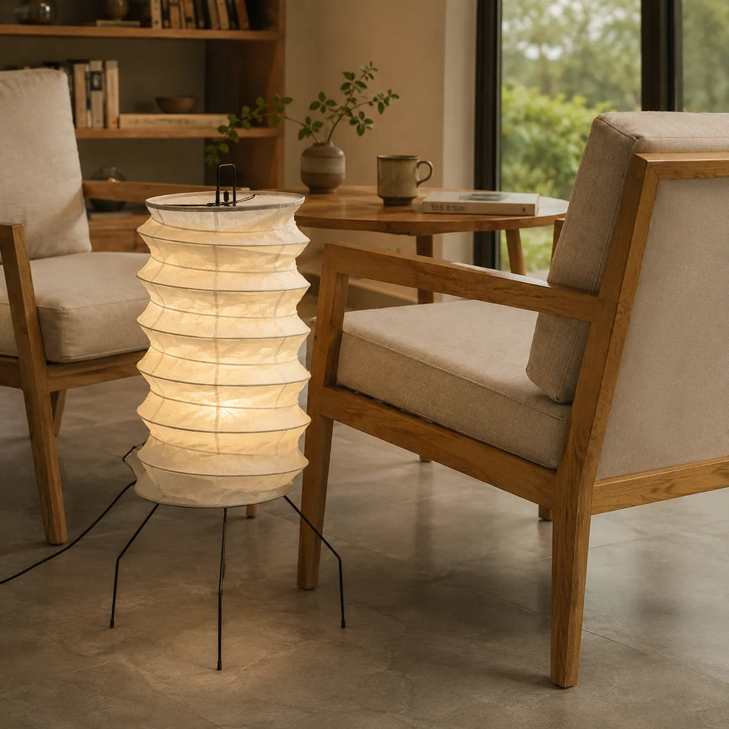 Floor Lamp with Hand-Knitted Rice Paper Shade and Wood Iron Frame