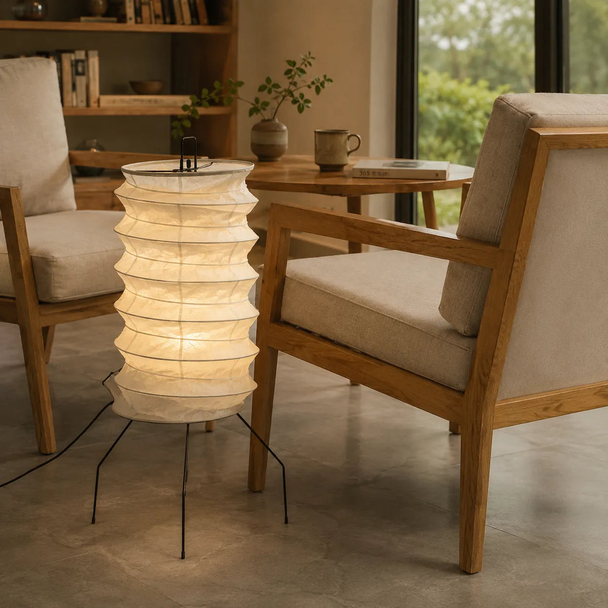 Floor Lamp with Hand-Knitted Rice Paper Shade and Wood Iron Frame
