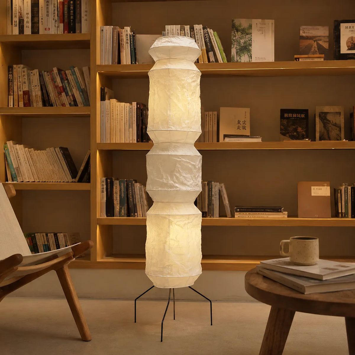 Floor Lamp with Hand-Knitted Rice Paper Shade and Wood Iron Frame