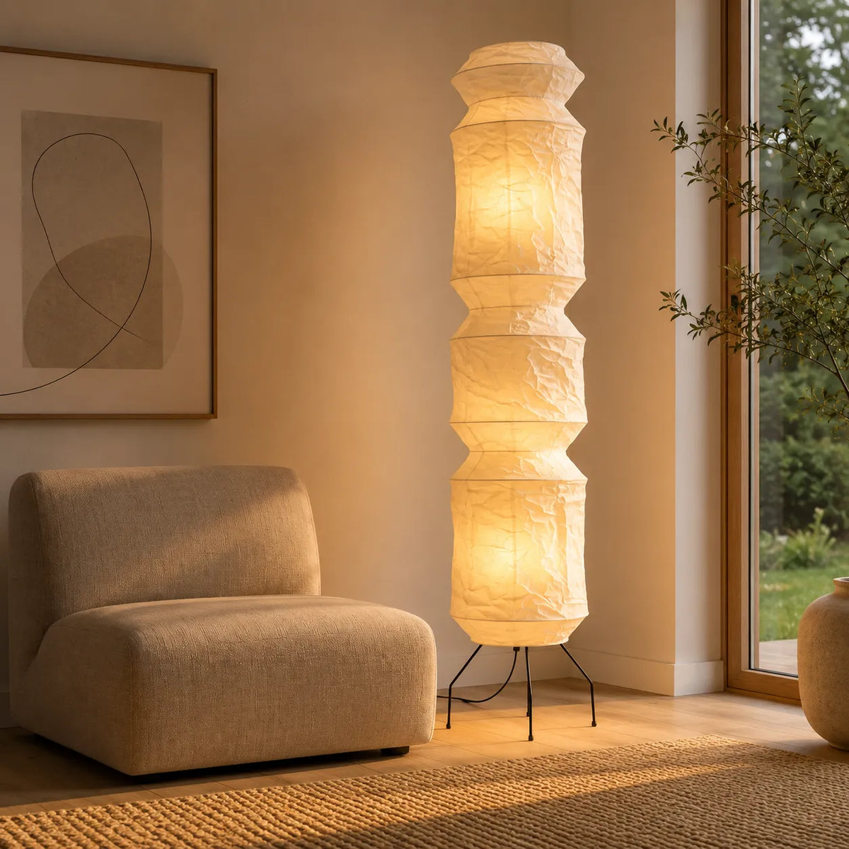 Floor Lamp with Hand-Knitted Rice Paper Shade and Wood Iron Frame