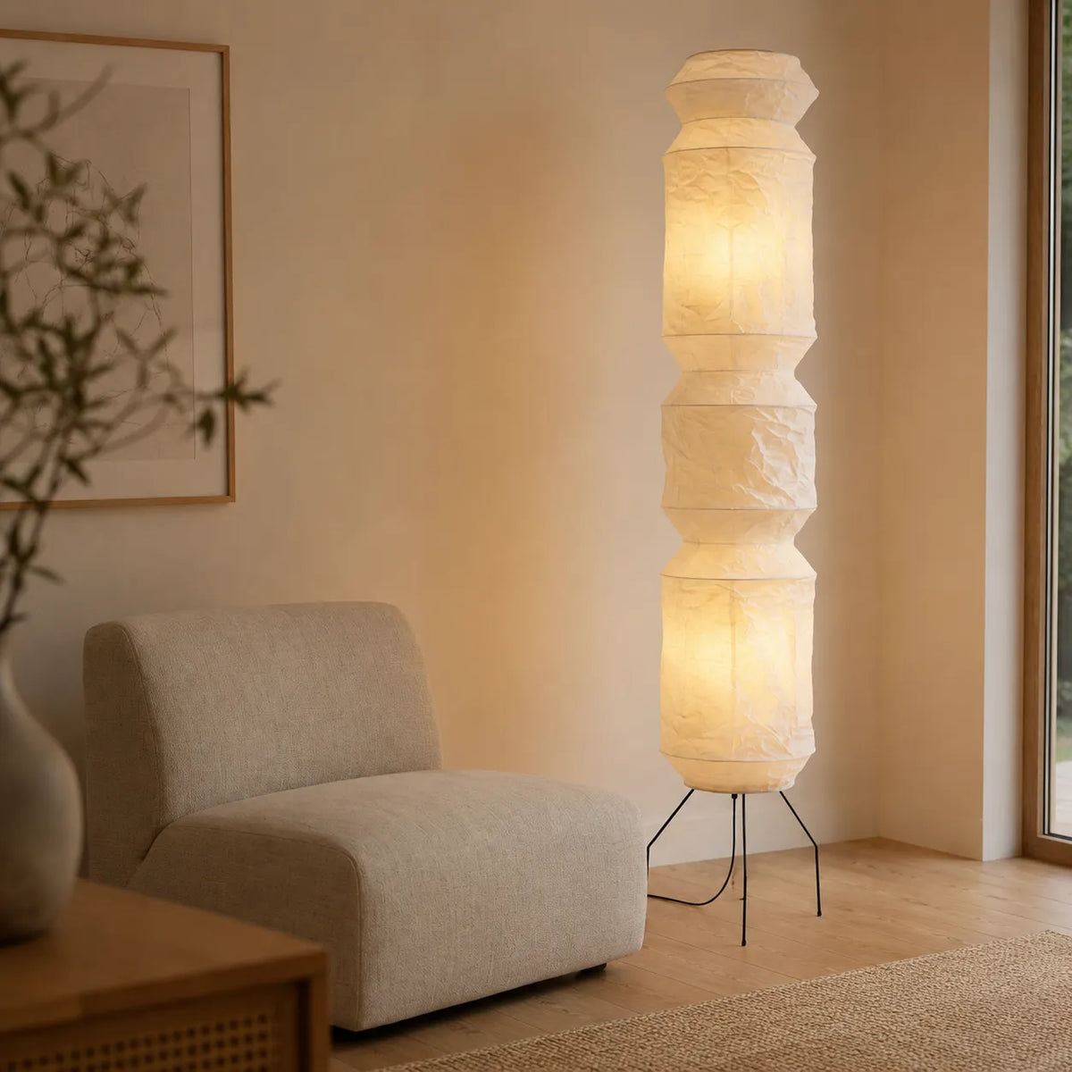 Floor Lamp with Hand-Knitted Rice Paper Shade and Wood Iron Frame