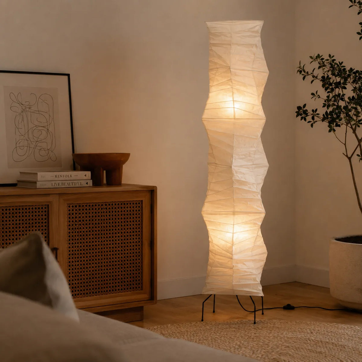Floor Lamp with Hand-Knitted Rice Paper Shade and Wood Iron Frame