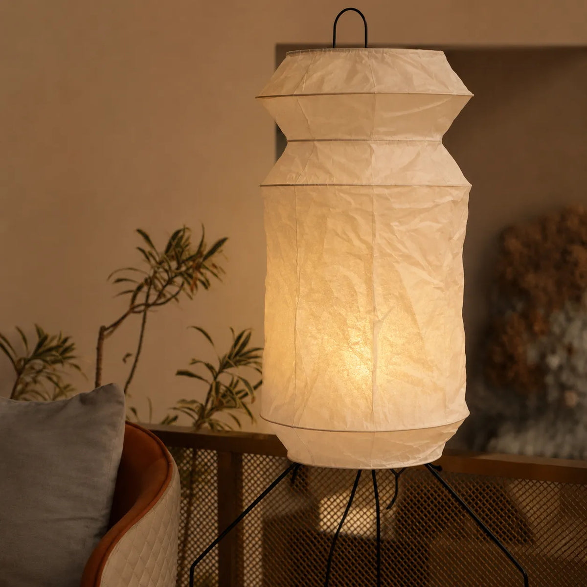 Floor Lamp with Hand-Knitted Rice Paper Shade and Wood Iron Frame