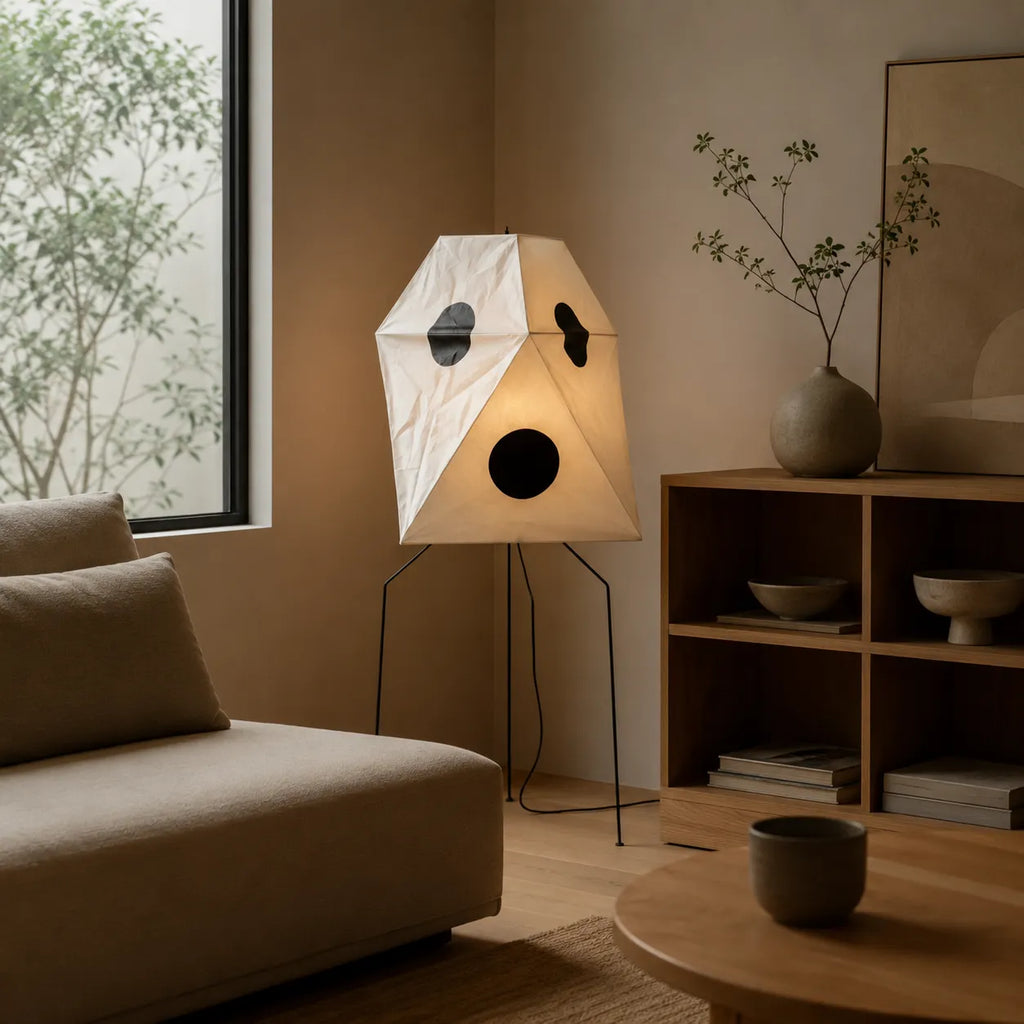Floor Lamp with Hand-Knitted Rice Paper Shade and Wood Iron Frame
