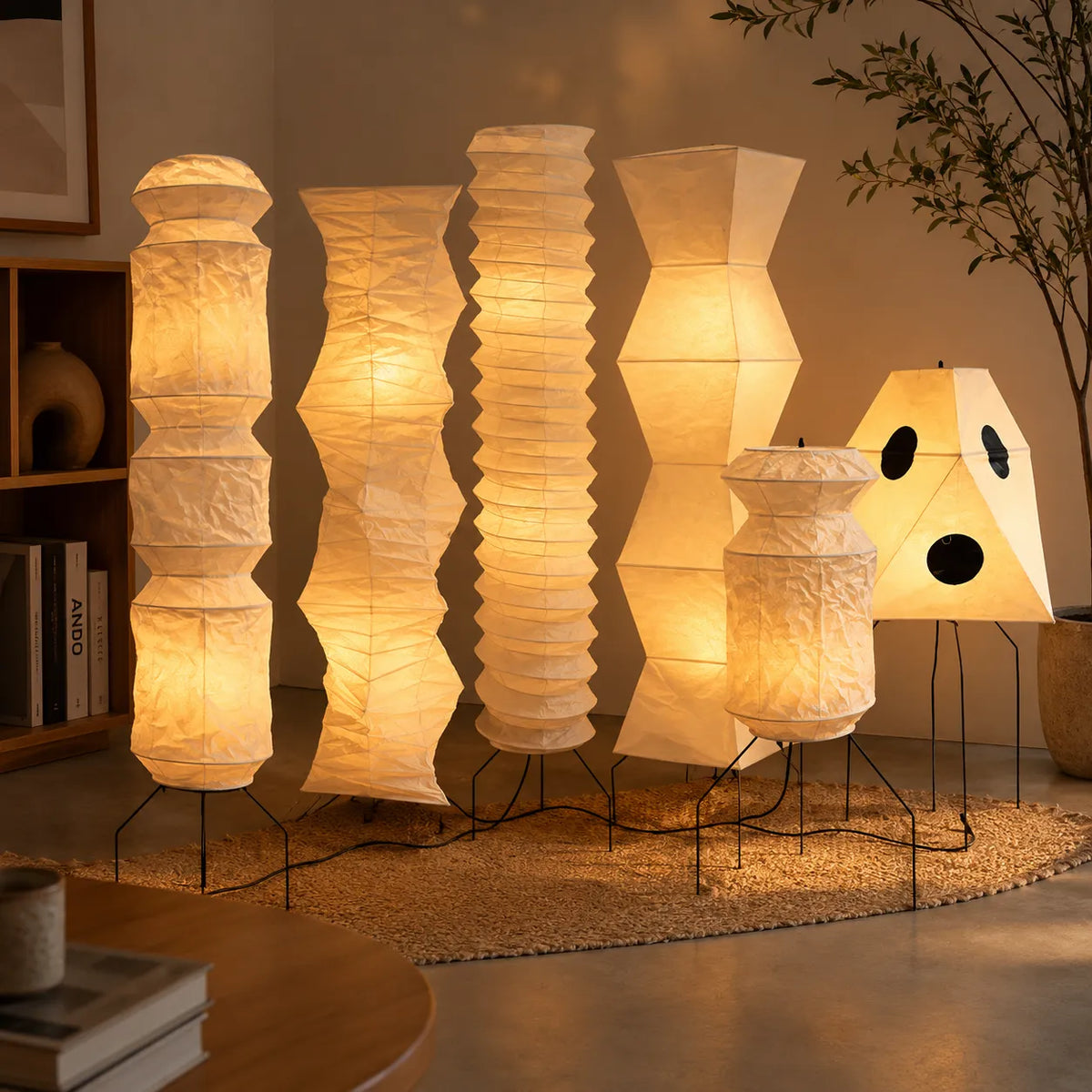 Floor Lamp with Hand-Knitted Rice Paper Shade and Wood Iron Frame