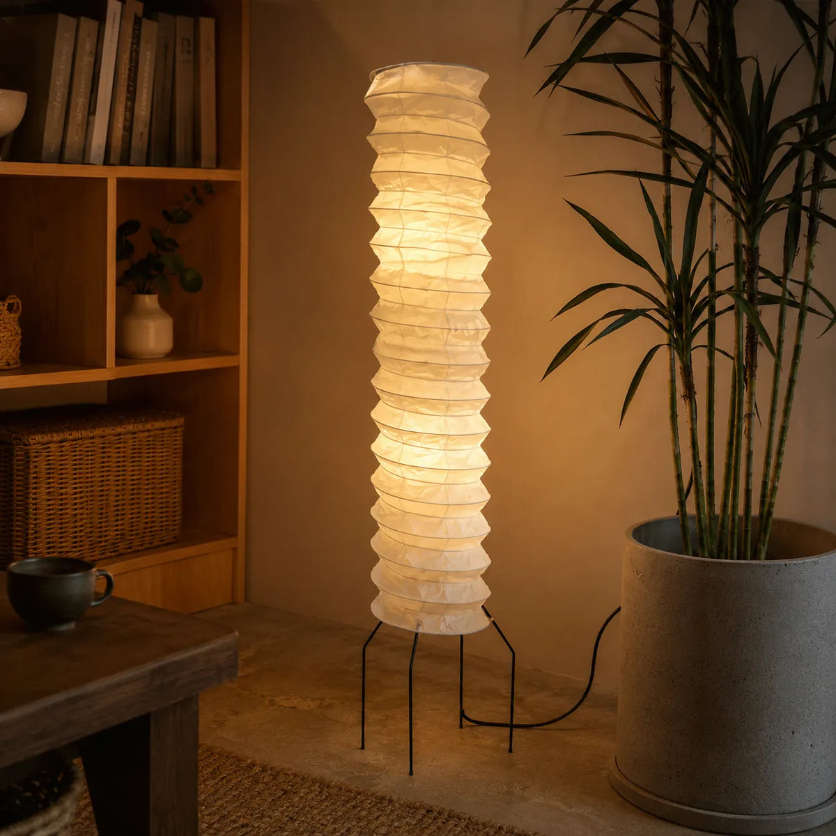 Floor Lamp with Hand-Knitted Rice Paper Shade and Wood Iron Frame