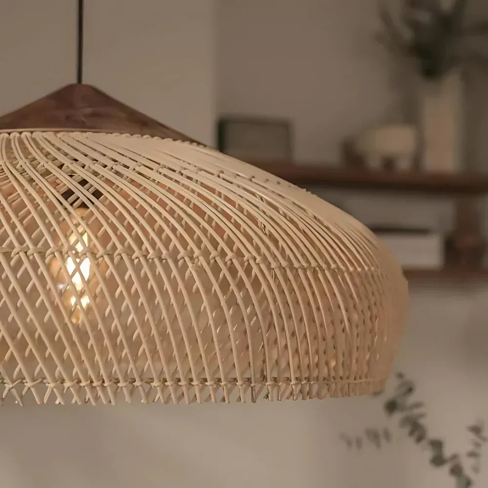 Pendant Light with Handwoven Rattan Dome Shade and Spiral Texture