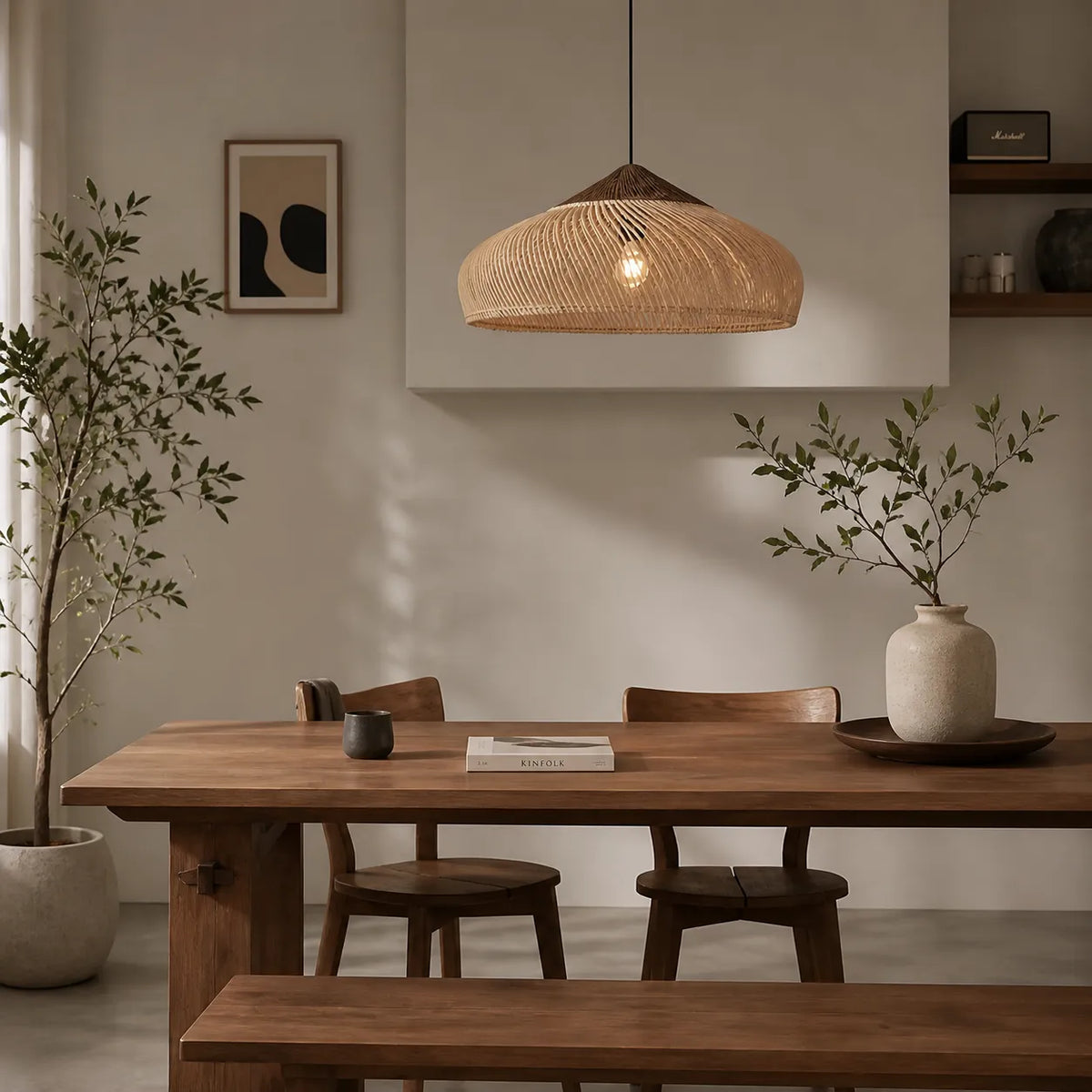 Pendant Light with Handwoven Rattan Dome Shade and Spiral Texture