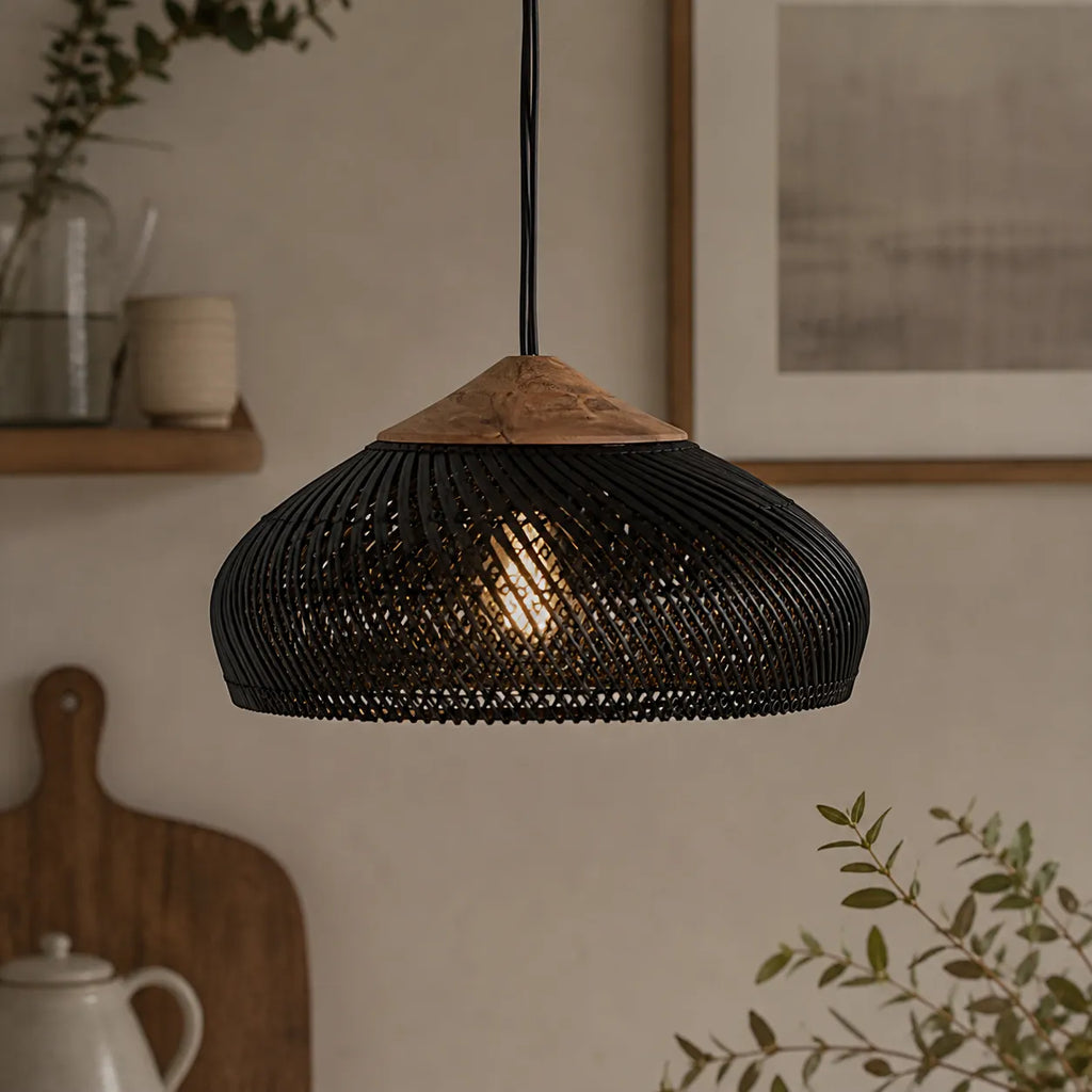 Pendant Light with Handwoven Rattan Dome Shade and Spiral Texture