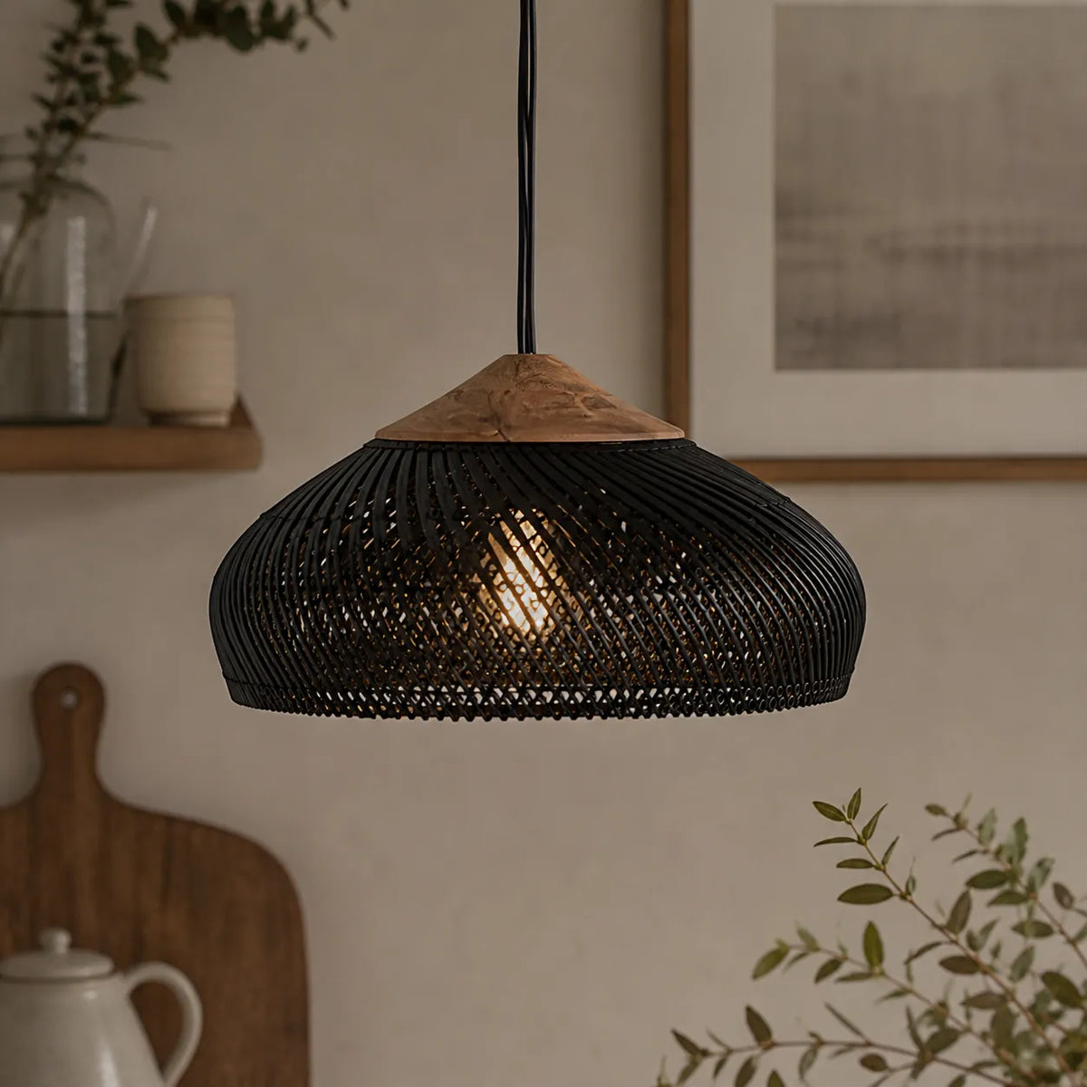 Pendant Light with Handwoven Rattan Dome Shade and Spiral Texture