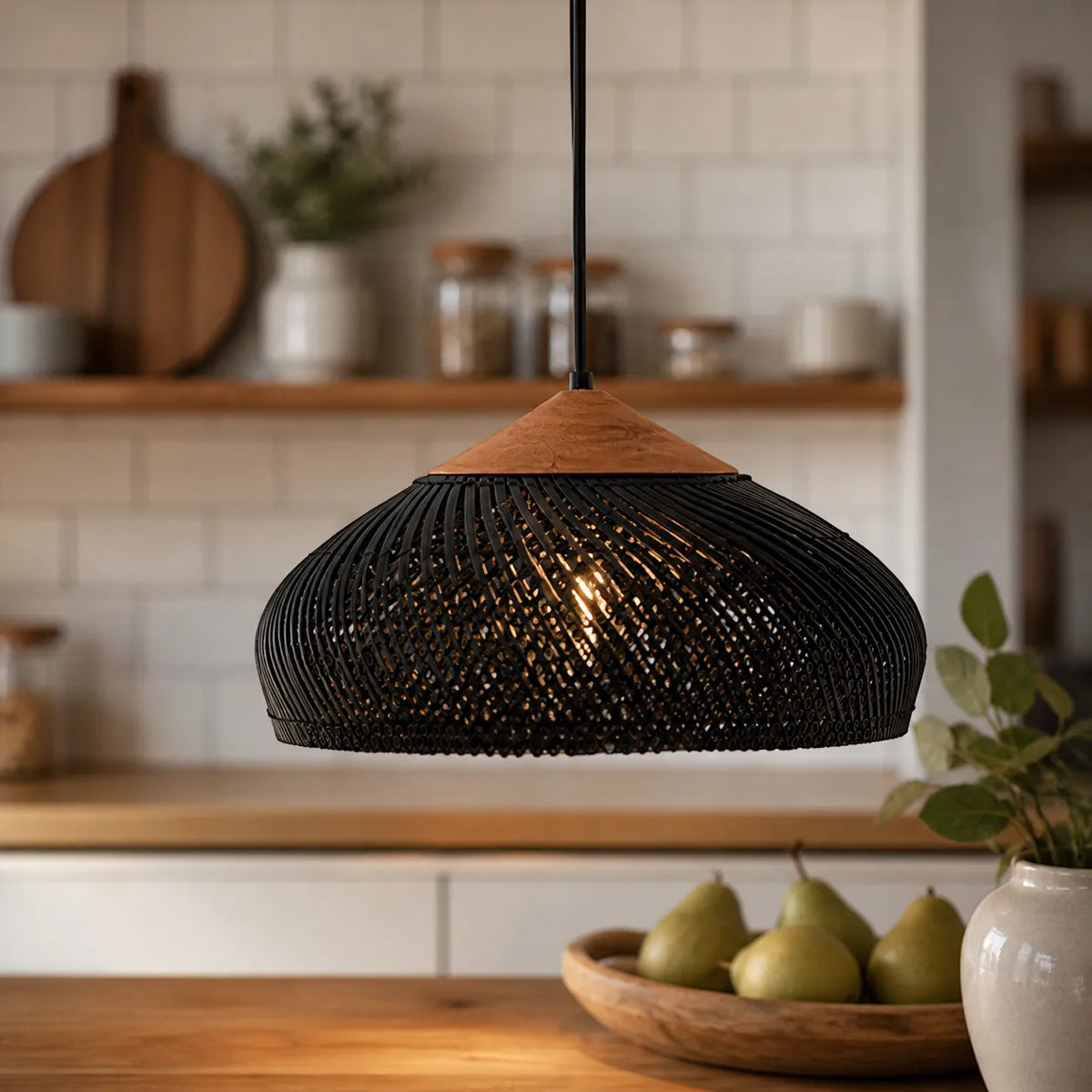 Pendant Light with Handwoven Rattan Dome Shade and Spiral Texture