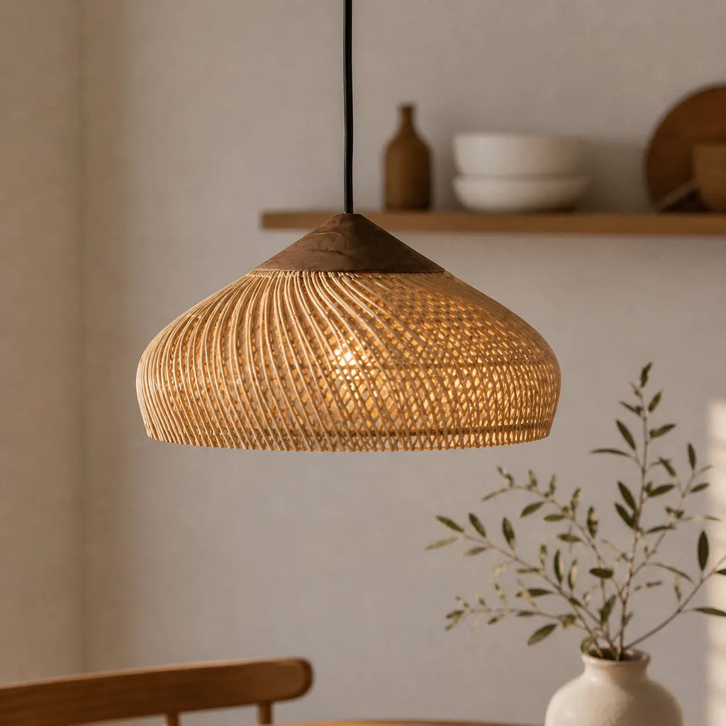 Pendant Light with Handwoven Rattan Dome Shade and Spiral Texture