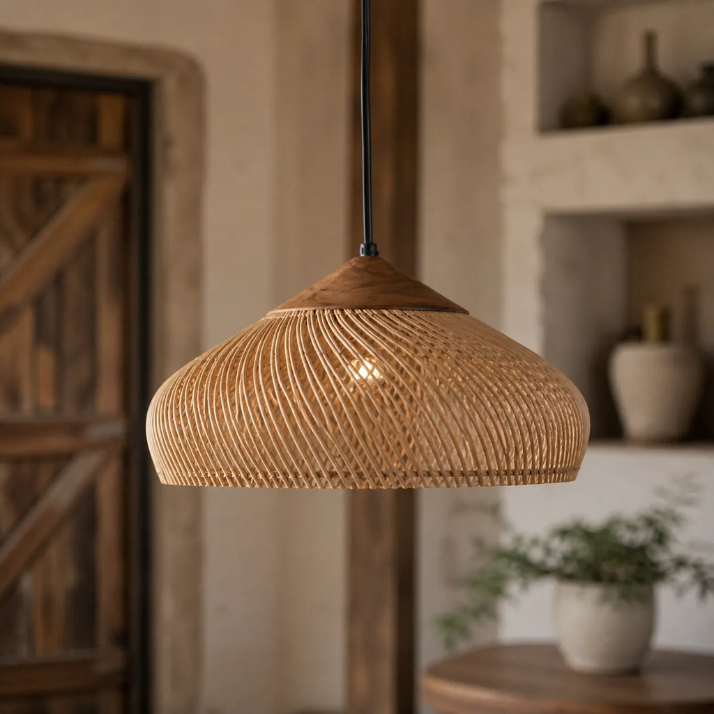 Pendant Light with Handwoven Rattan Dome Shade and Spiral Texture