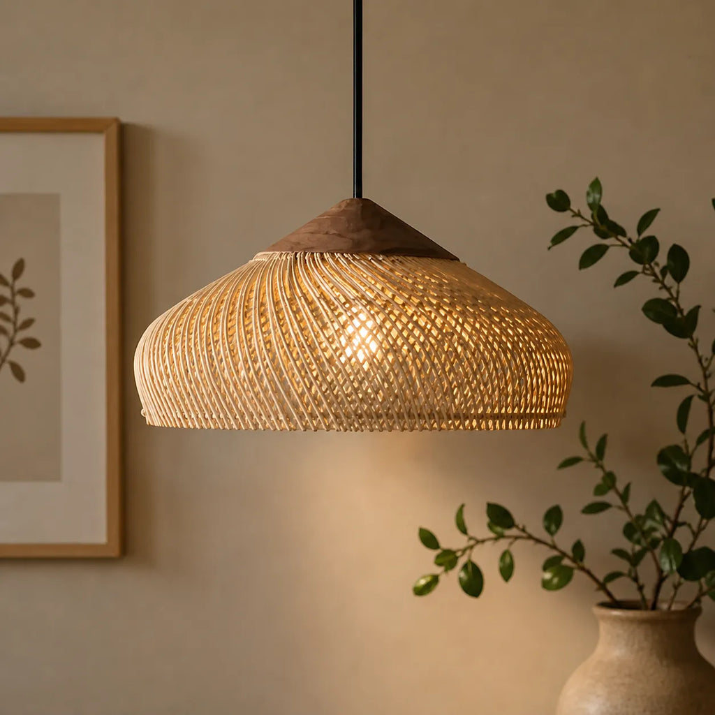 Pendant Light with Handwoven Rattan Dome Shade and Spiral Texture
