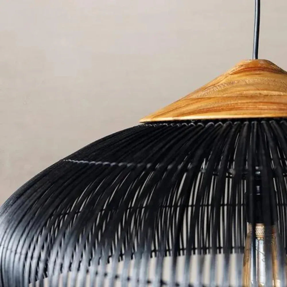 Pendant Light with Handwoven Rattan Dome Shade and Spiral Texture