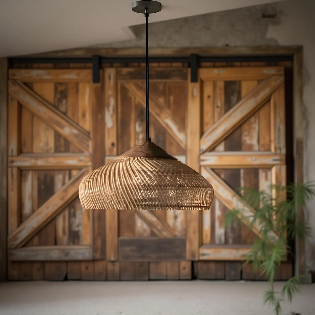 Pendant Light with Handwoven Rattan Dome Shade and Spiral Texture