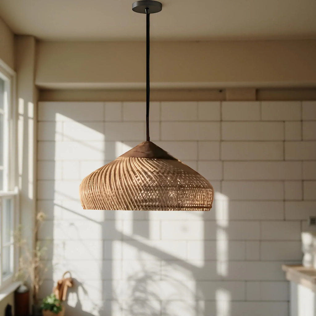 Pendant Light with Handwoven Rattan Dome Shade and Spiral Texture
