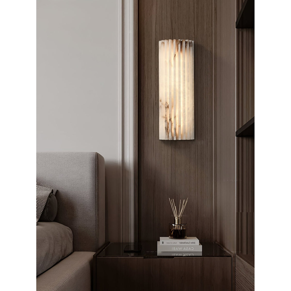 Alabaster Wall Sconce with Fluted Stone Texture and Integrated LED Light - Image 13